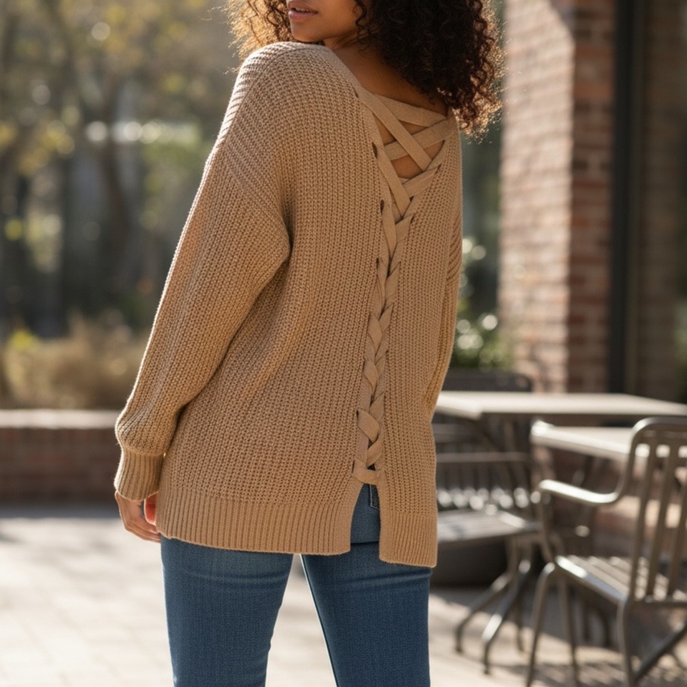 Women's Tan Sweater with Back Detail